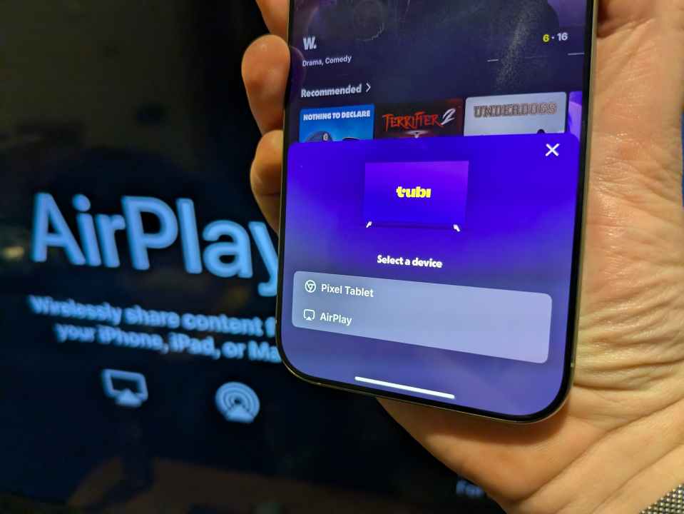 Smartphone screen showing AirPlay options to stream Tubi content to a Pixel Tablet.