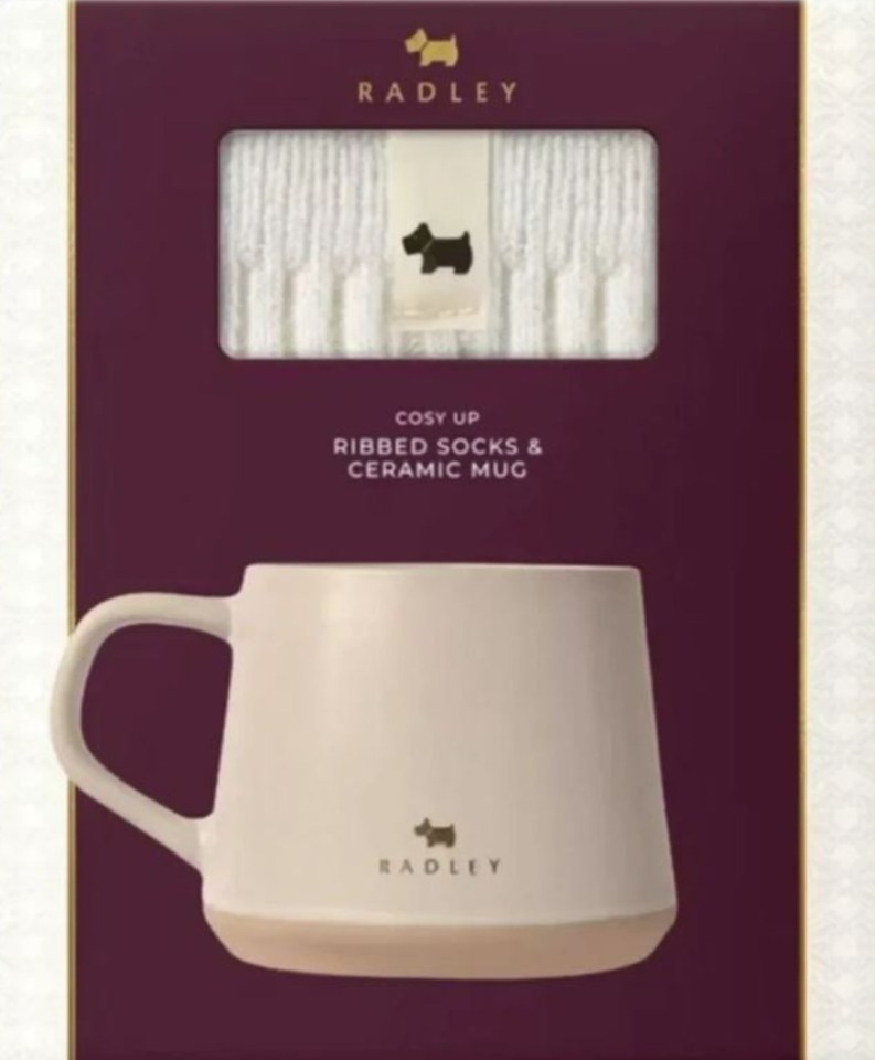 Radley Cosy Up gift set: ribbed socks and ceramic mug.