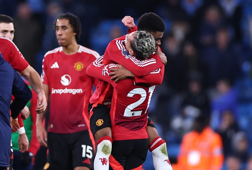 Manchester United players celebrating after a match.