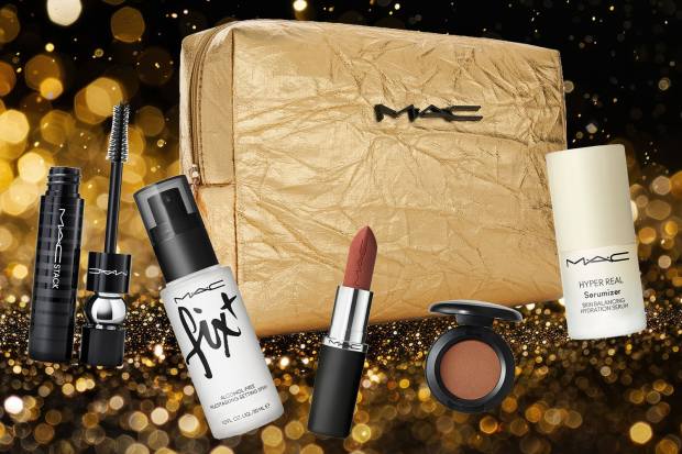 MAC cosmetics gift set with gold bag.