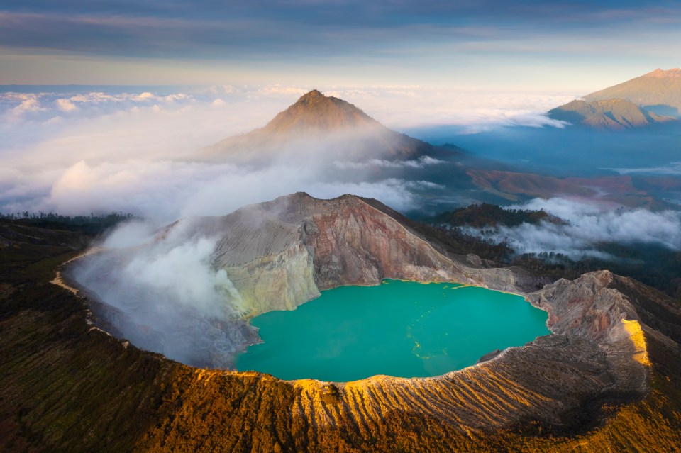 Aerial view of Misty Volcano of Kawah Ijen crater