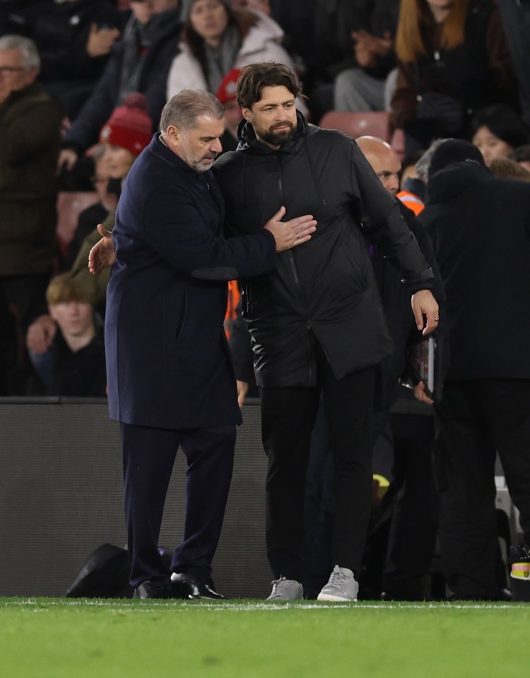 Ange Postecoglou and Russell Martin, managers of Tottenham Hotspur and Southampton, respectively, after a Premier League match.