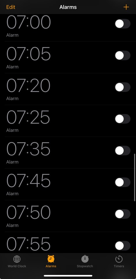 iPhone alarm settings showing multiple alarms set for various times between 7:00 and 7:55 AM.