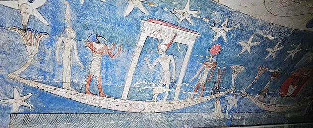 A ceiling painting shows the goddess Nut on a sacred boat and surrounded by stars carried deities such as Khepri and Ra