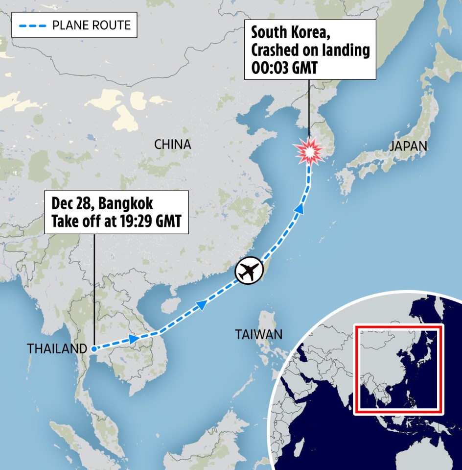 Map showing the flight path of a passenger plane that crashed in South Korea, killing 181 passengers.