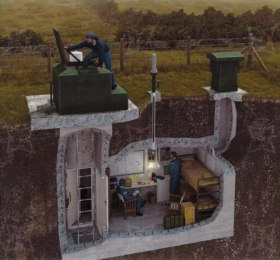 Cross-section diagram of a 1950s underground bunker, showing interior and exterior views.