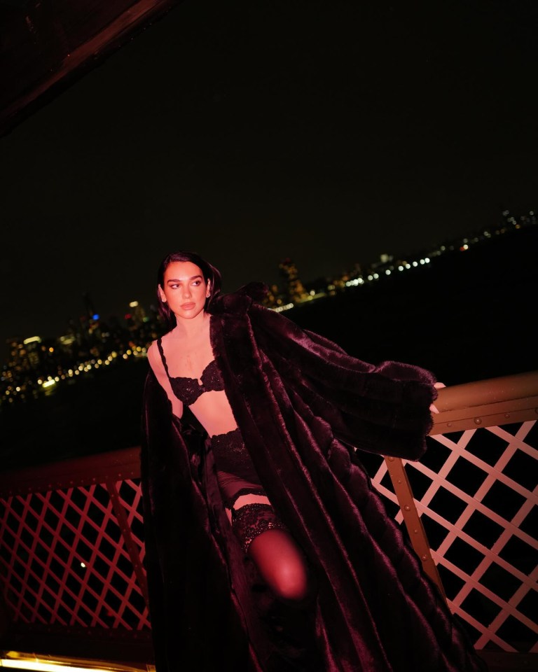 Dua Lipa in a fur coat and lingerie at night.