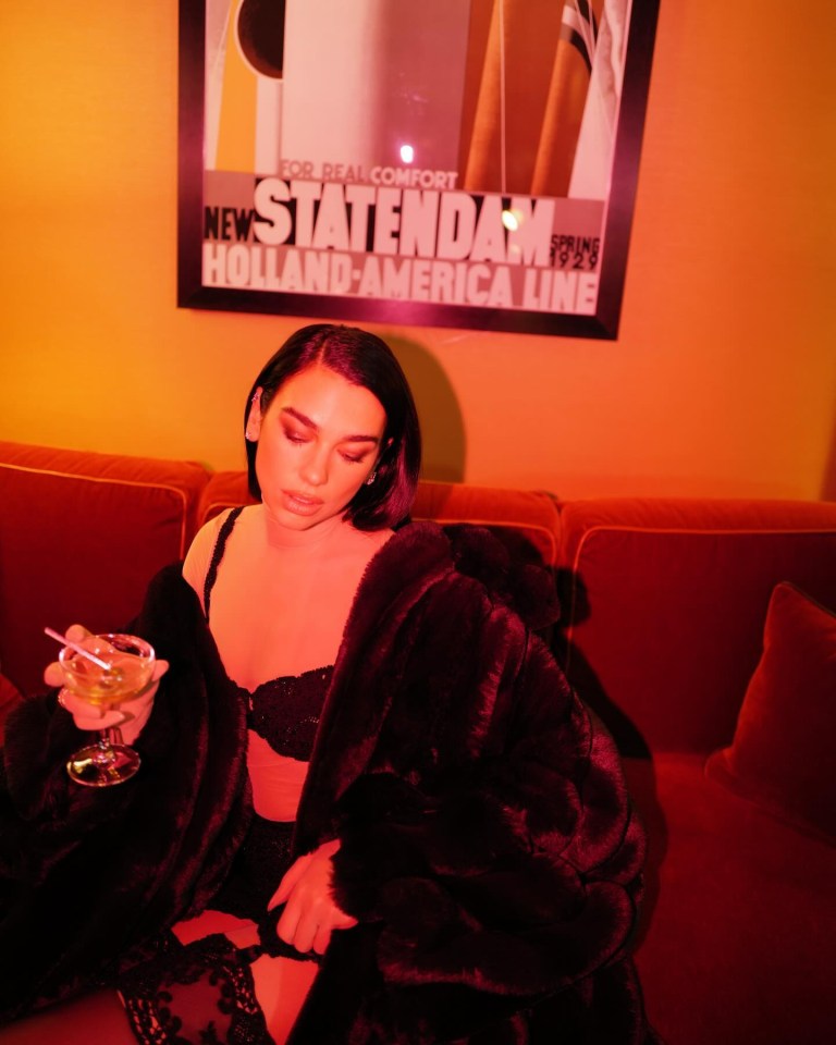 Dua Lipa holding a martini glass, wearing a fur coat and lingerie.