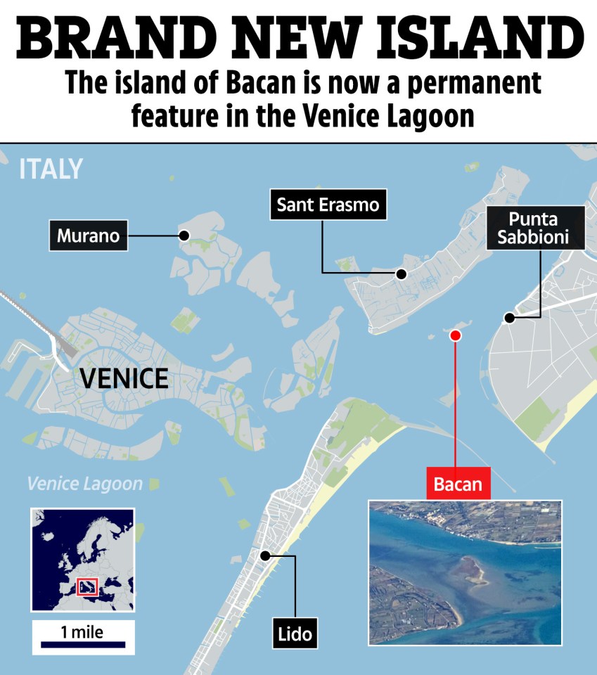 Map showing the location of the new island of Bacan in the Venice Lagoon.