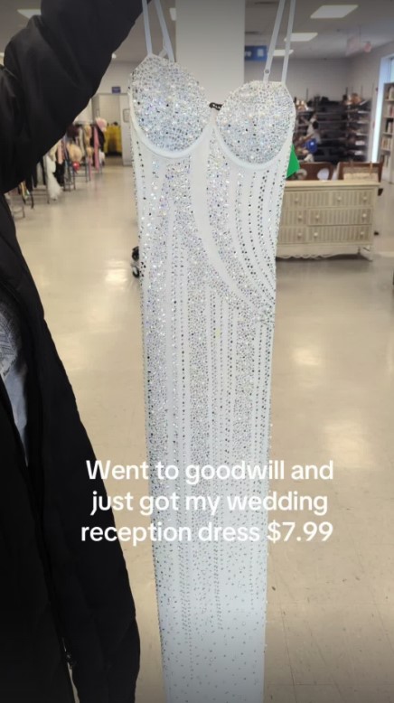 Sequined white wedding reception dress found at a thrift store for $7.99.