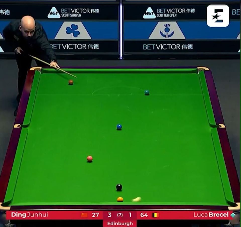 Luca Brecel's powerful shot initially missed the yellow