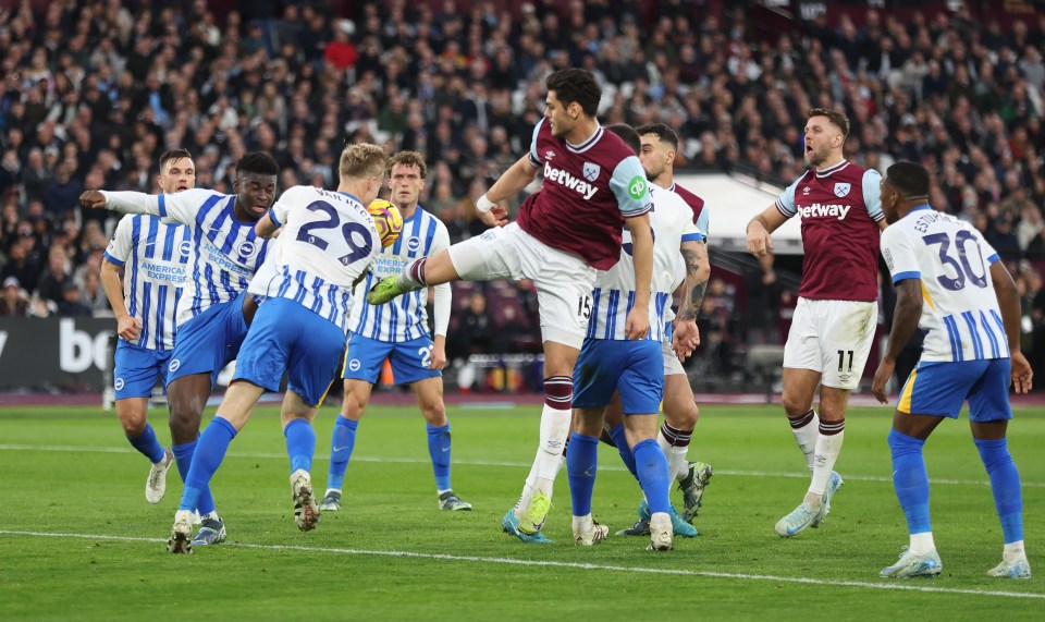 West Ham defender Konstantinos Mavropanos was booked for a high boot after the incident