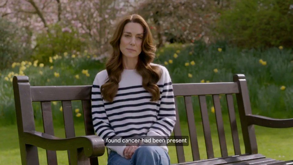 Catherine, Princess of Wales, sitting on a park bench, discussing her cancer diagnosis.