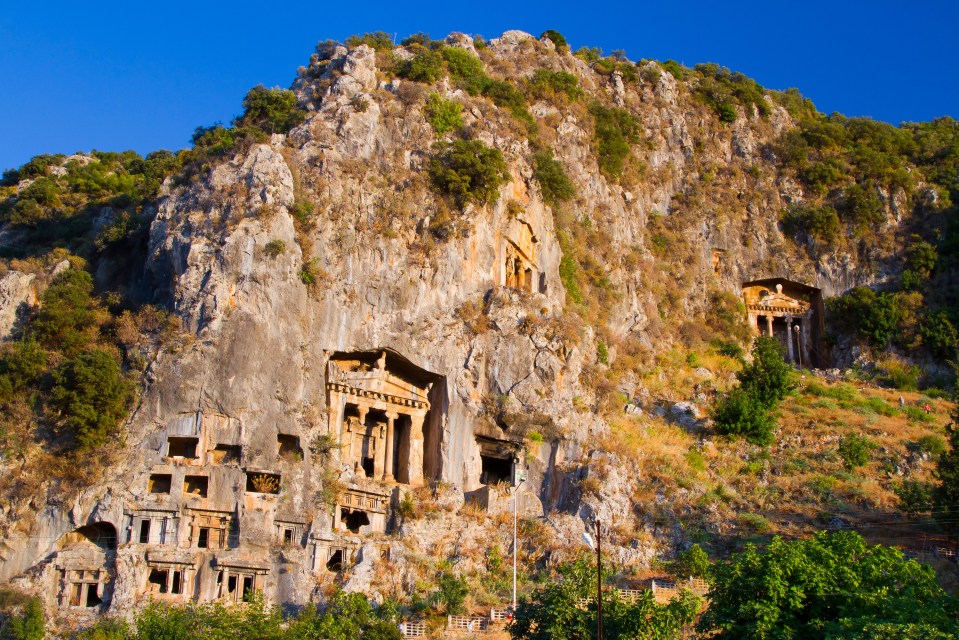 Lycian rock tombs are located near Fethiye in Turkey