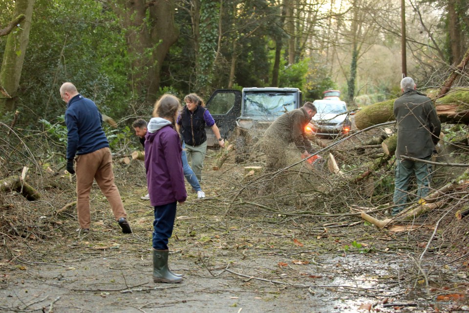 A community band together in Kingston St Mary in Somerset to clear fallen trees from the road