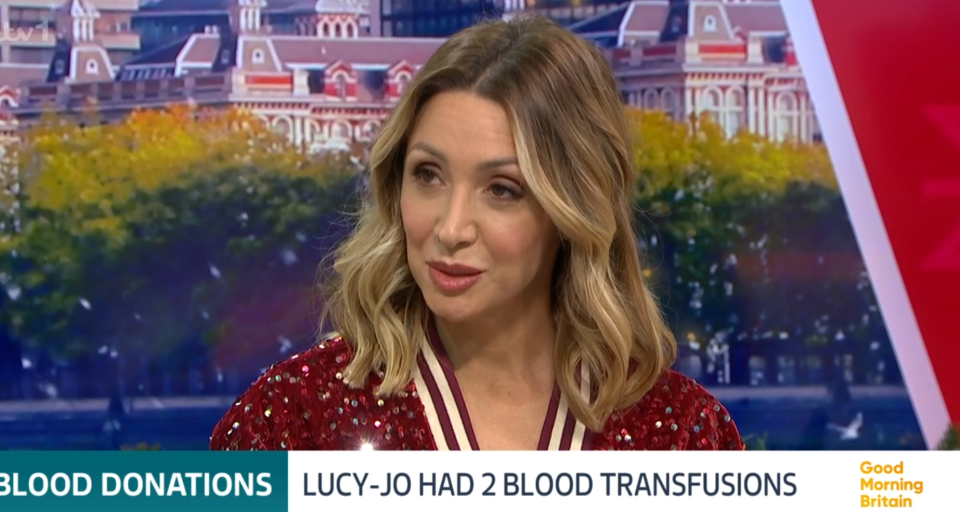 Lucy-Jo Hudson on Good Morning Britain discussing blood transfusions.