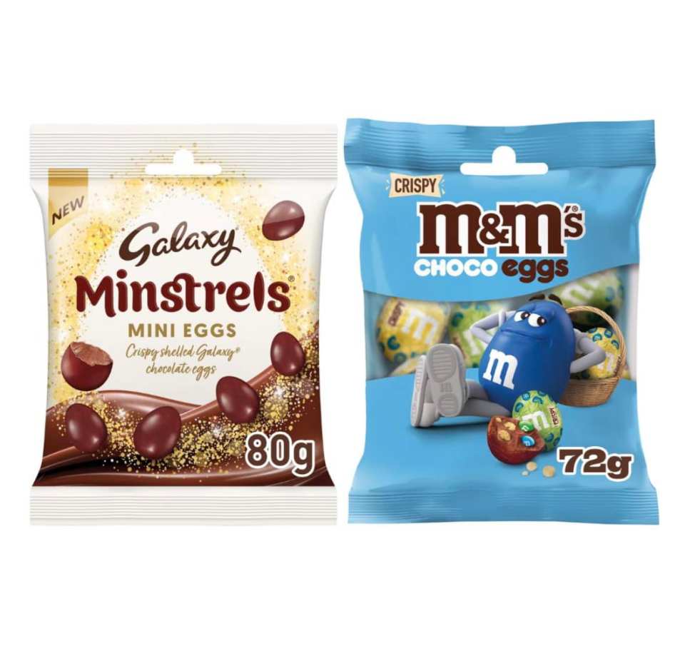 Galaxy Minstrels mini eggs (80g) and M&M's Choco Eggs (72g).