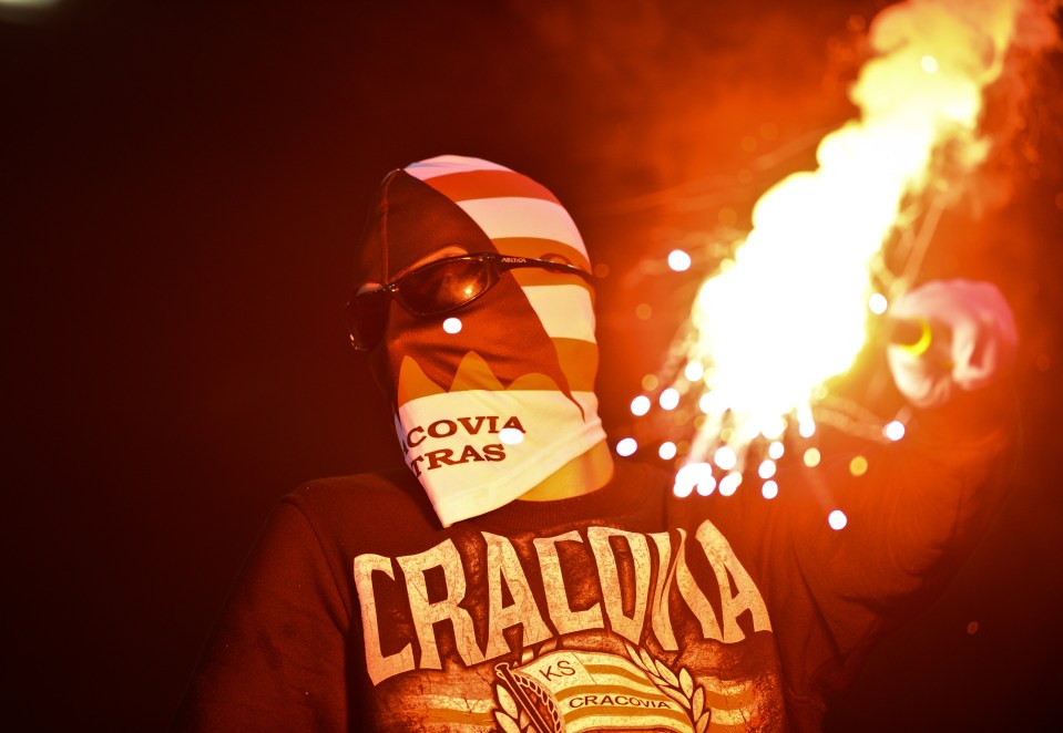 A member of the Cracovia Ultras, a football hooligan firm from Kraków, Poland