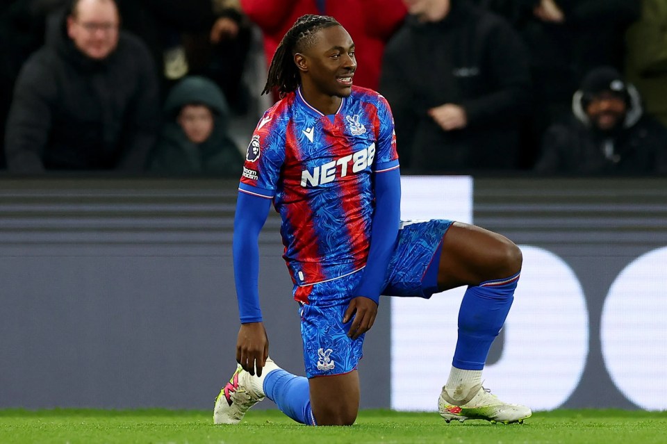 Eberechi Eze of Crystal Palace celebrates scoring a goal.