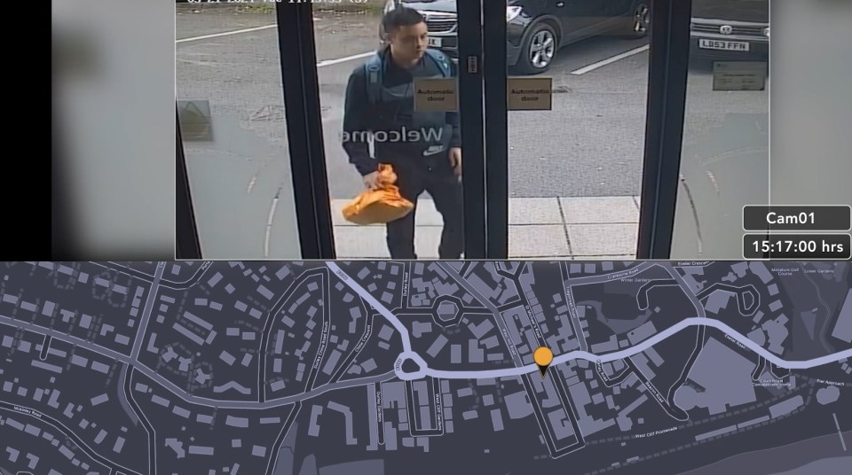 CCTV of Saadi arriving at a Travelodge hotel in Bournemouth, and a map of the location underneath