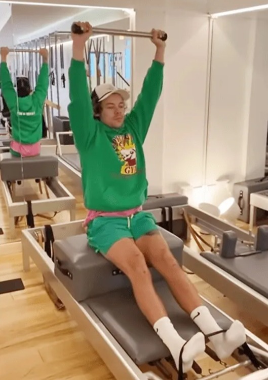 Harry Styles on working on his Pilates moves in London in 2023