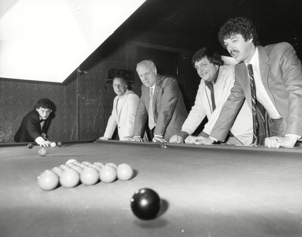 Jimmy White and his backers: Harvey Lisberg, Fred Summers, Roy Speake, and Geoff Lomas, playing snooker.