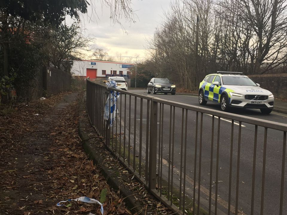 A police car passes tape near where the crash happened