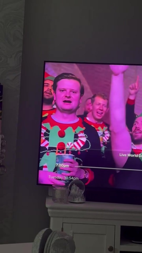 Darts fan's surprised reaction to being on camera at the World Championship.