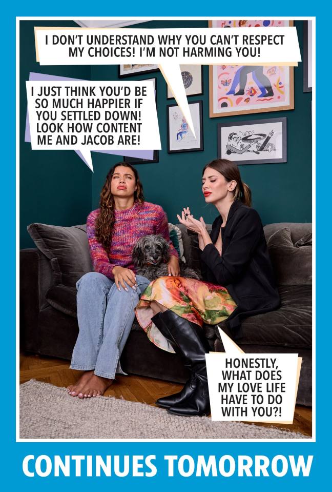 Two women argue on a couch about one's relationship choices.