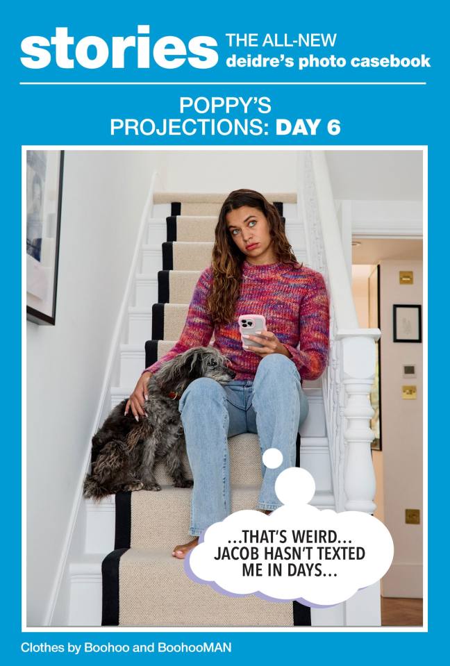 Woman sits on stairs with dog, looking at phone; text says "That's weird... Jacob hasn't texted me in days..."