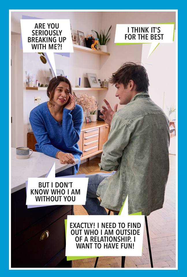 A couple breaks up in their kitchen; speech bubbles show their dialogue.