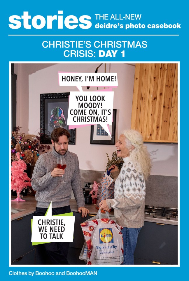 Deidre's photo casebook: Christie's Christmas crisis, day 1.  A couple in a kitchen; one is holding groceries.