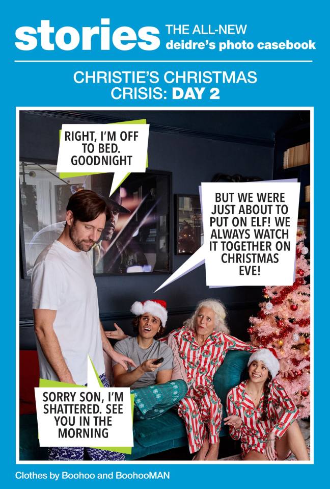 Christie's Christmas Crisis: Day 2 photo casebook. Family in matching pajamas on Christmas Eve.