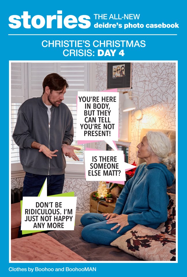 Deidre's photo casebook: Christie's Christmas crisis, day 4.  A man and woman argue in a bedroom.