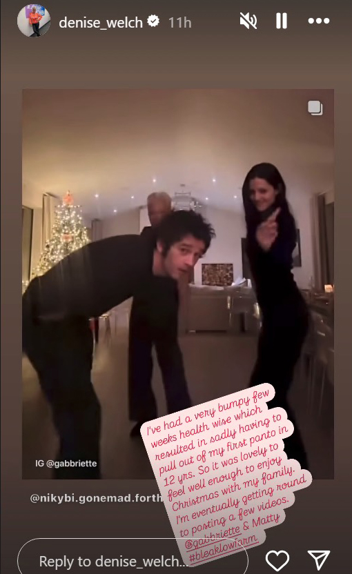 Denise Welch's Instagram video:  She's with her son Matty Healy and his fiancée, celebrating Christmas after recovering from an illness that prevented her from performing in a pantomime.