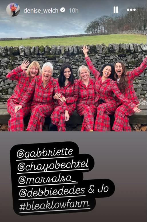 Denise Welch with friends in matching pajamas.