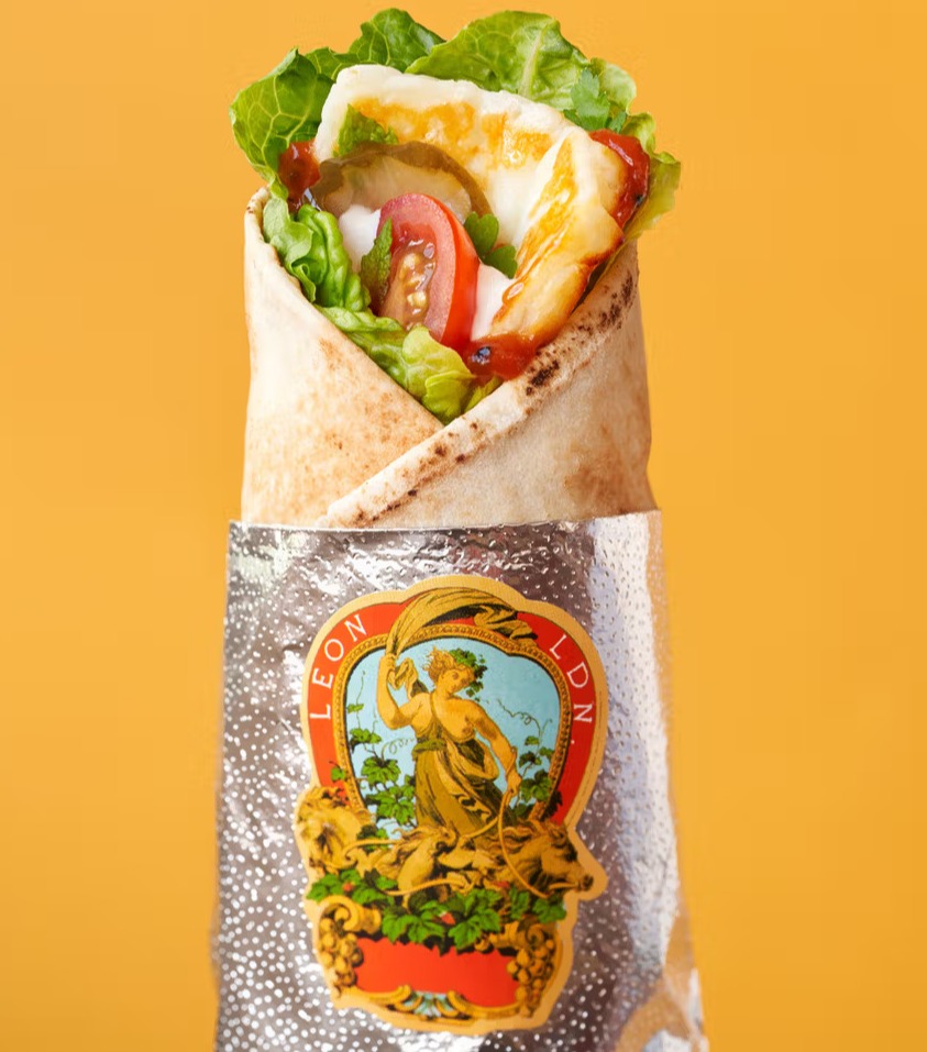 Leon's Halloumi Wrap contains 500 cals and 26g protein.