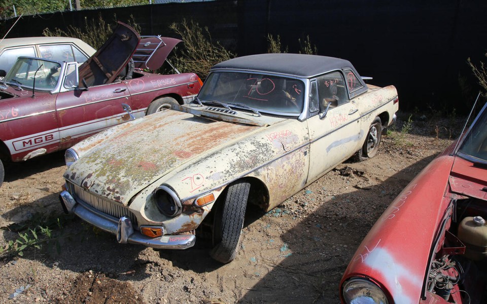 Rusty vintage cars in a junkyard.