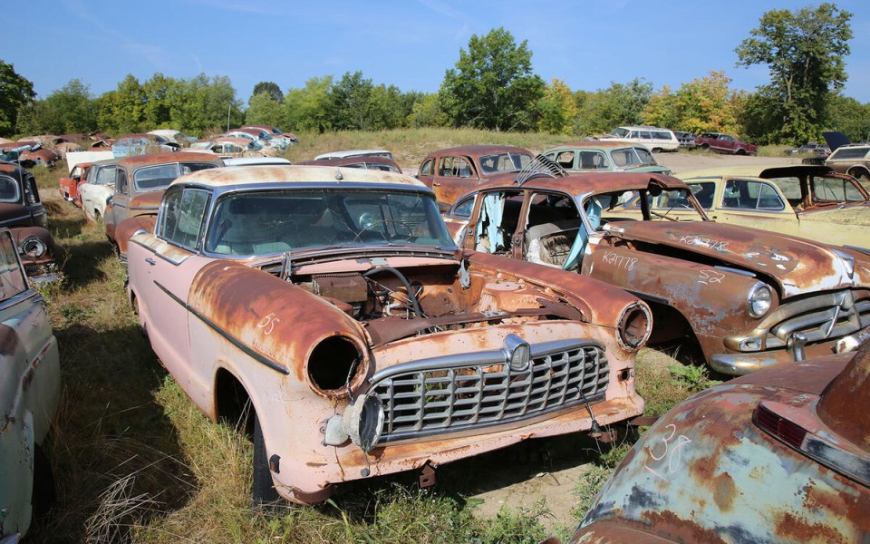 Rusty vintage cars in a junkyard.