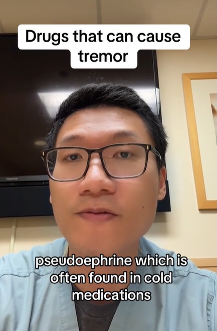 A man explains that pseudoephedrine, often found in cold medications, can cause tremors.