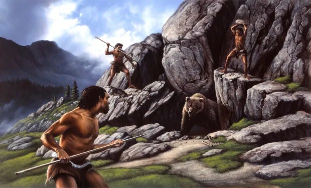 A rendering of Neanderthals hunting a cave bear