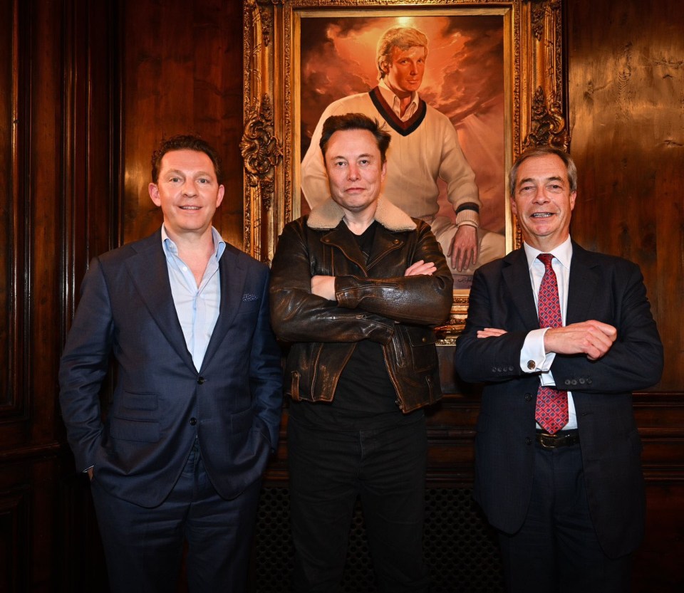 Nigel Farage, Elon Musk, and Nick Candy posing for a photo.