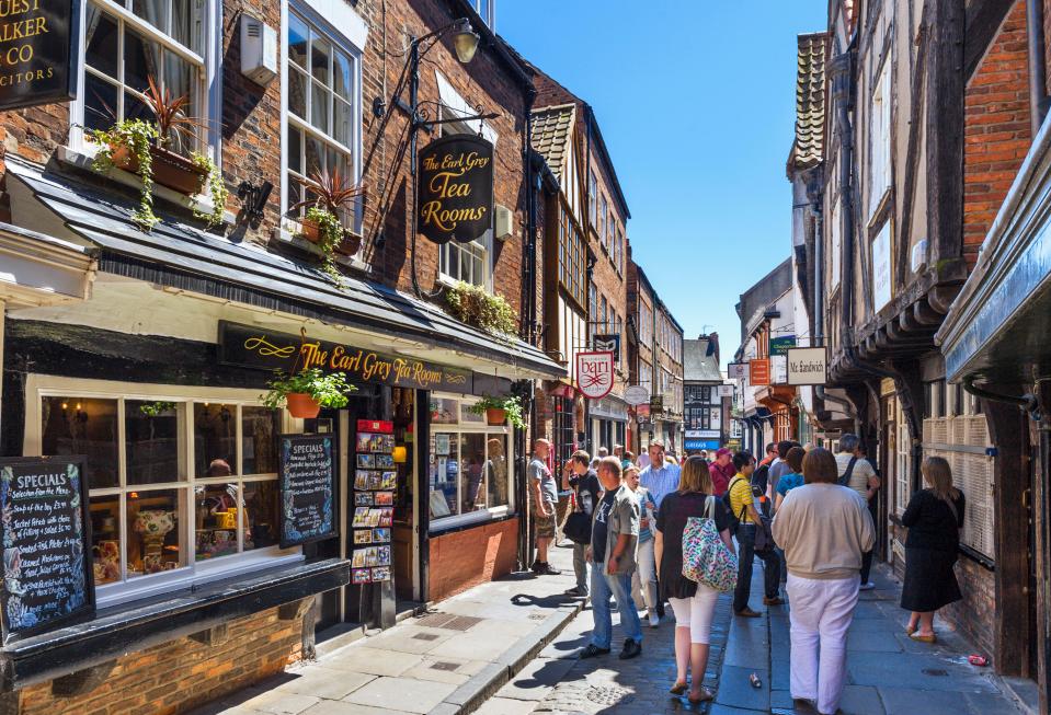 Pubs, shops, and cafes on the Shambles in York, England.