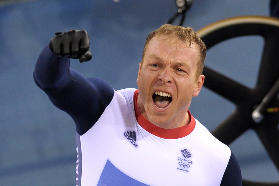 Sir Chris Hoy celebrates in his Team GB cycling kit.