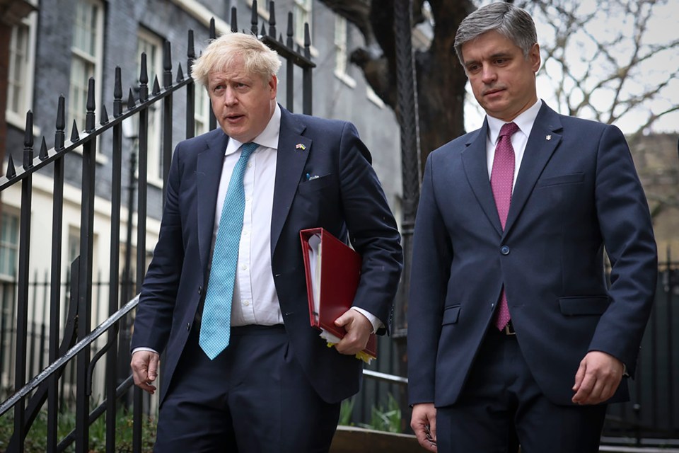 Former UK Prime Minister Boris Johnson and former Ukrainian ambassador to London, Vadym Prystaiko, in February 2024