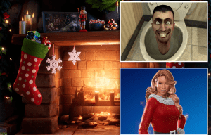 Fortnite Winterfest 2024 update teaser art featuring a fireplace, a stocking, comped with a picture of Skibidi Toilet and Mariah Carey's Fortnite Christmas skin