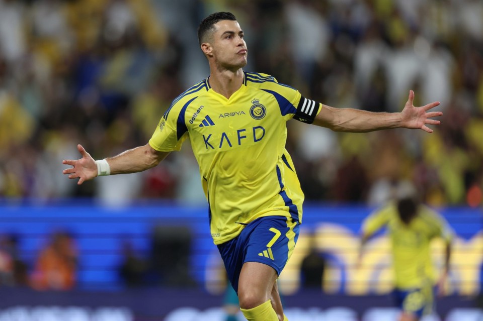 RIYADH, SAUDI ARABIA - OCTOBER 05: Cristiano Ronaldo celebrates it's side's first goal during the Saudi Pro League match between Al Nassr FC v Al-Orobah FC at Al-Awwal Stadium on October 05, 2024 in Riyadh, Saudi Arabia. (Photo by Al Nassr FC/Al Nassr FC via Getty Images)