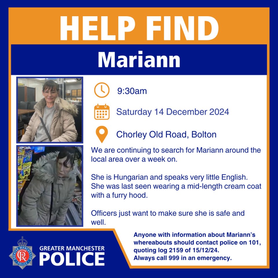 Missing person poster for Mariann, last seen in Bolton.