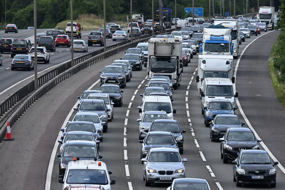 Heavy traffic jam on a multi-lane highway.