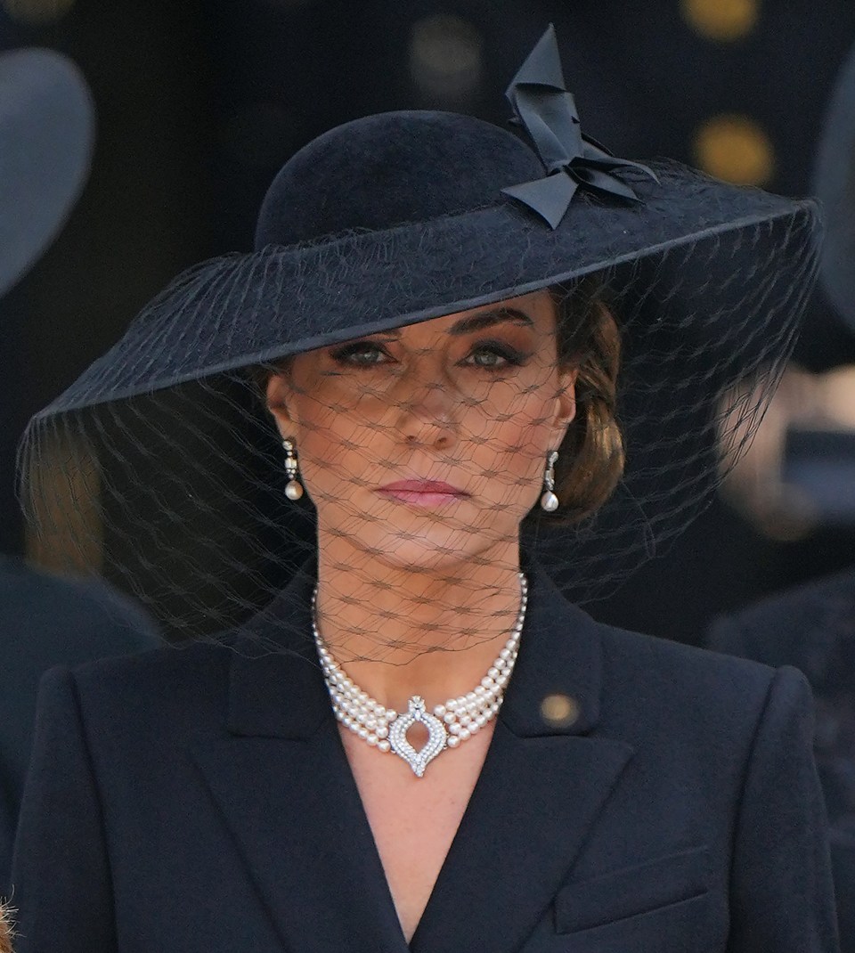 Kate first wore it at the Queen Elizabeth's funeral paired with pearl earrings